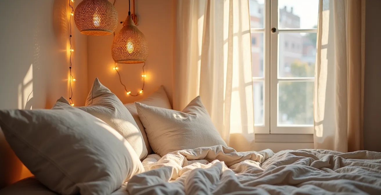 Ambiance lumineuse douce avec textile naturel et éclairage tamisé style bohème chic