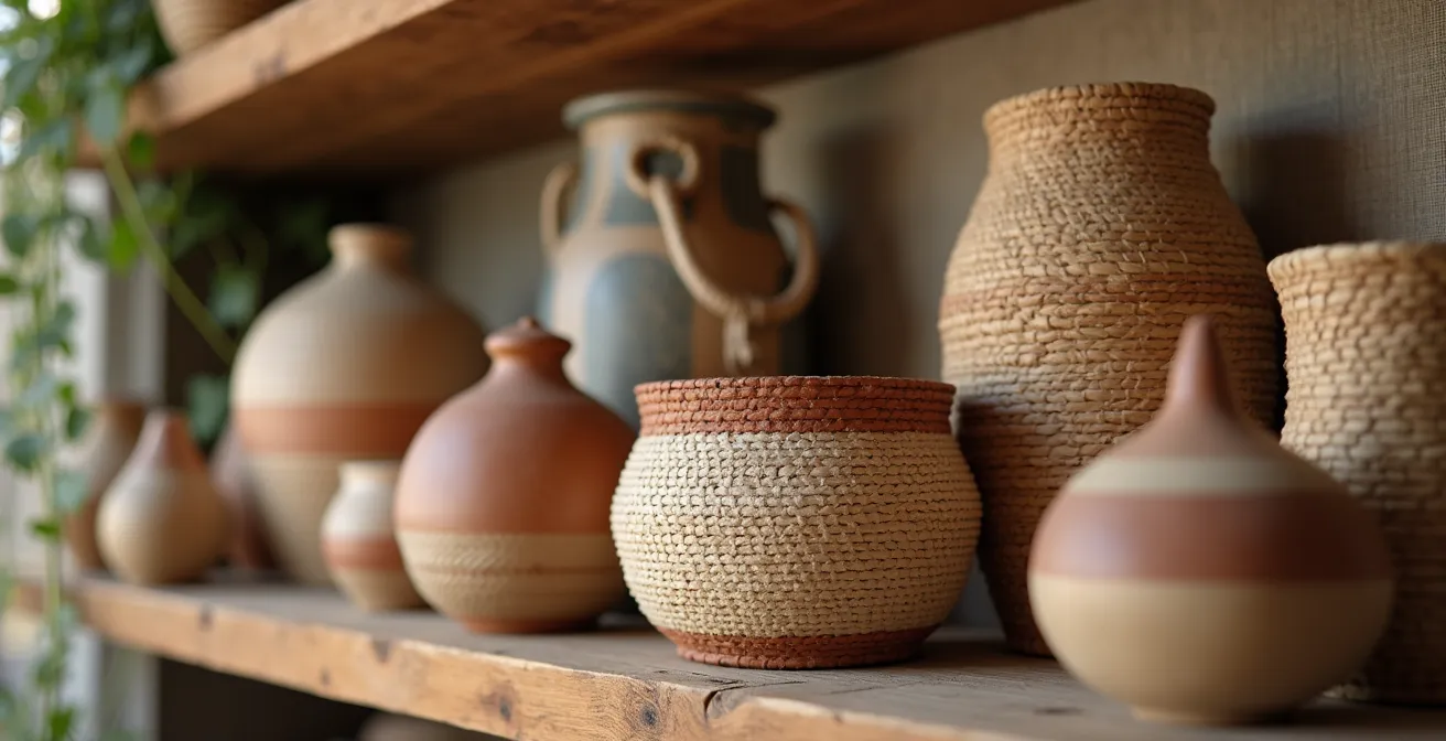 Détail d'une étagère avec des objets souvenirs de voyage intégrés harmonieusement dans une décoration bohème chic
