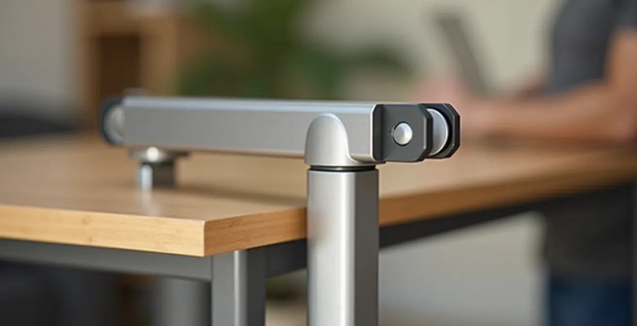 Détail photographique du mécanisme télescopique en métal sous plateau de table extensible, focalisation nette et lumière douce