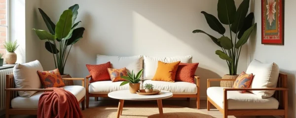 Intérieur chaleureux et élégant de style bohème chic avec mobilier en bois naturel, accessoires ethniques, textile coloré et lumière douce
