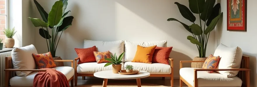 Intérieur chaleureux et élégant de style bohème chic avec mobilier en bois naturel, accessoires ethniques, textile coloré et lumière douce