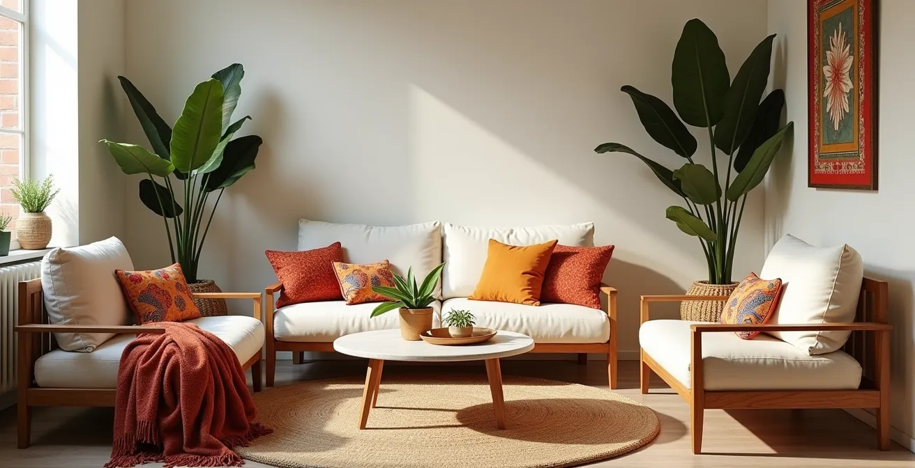 Intérieur chaleureux et élégant de style bohème chic avec mobilier en bois naturel, accessoires ethniques, textile coloré et lumière douce