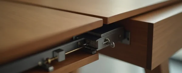 Vue détaillée d'une table extensible moderne en bois et métal, avec un mécanisme visible sous le plateau, éclairage cinématographique naturel, composition soignée avec espaces négatifs