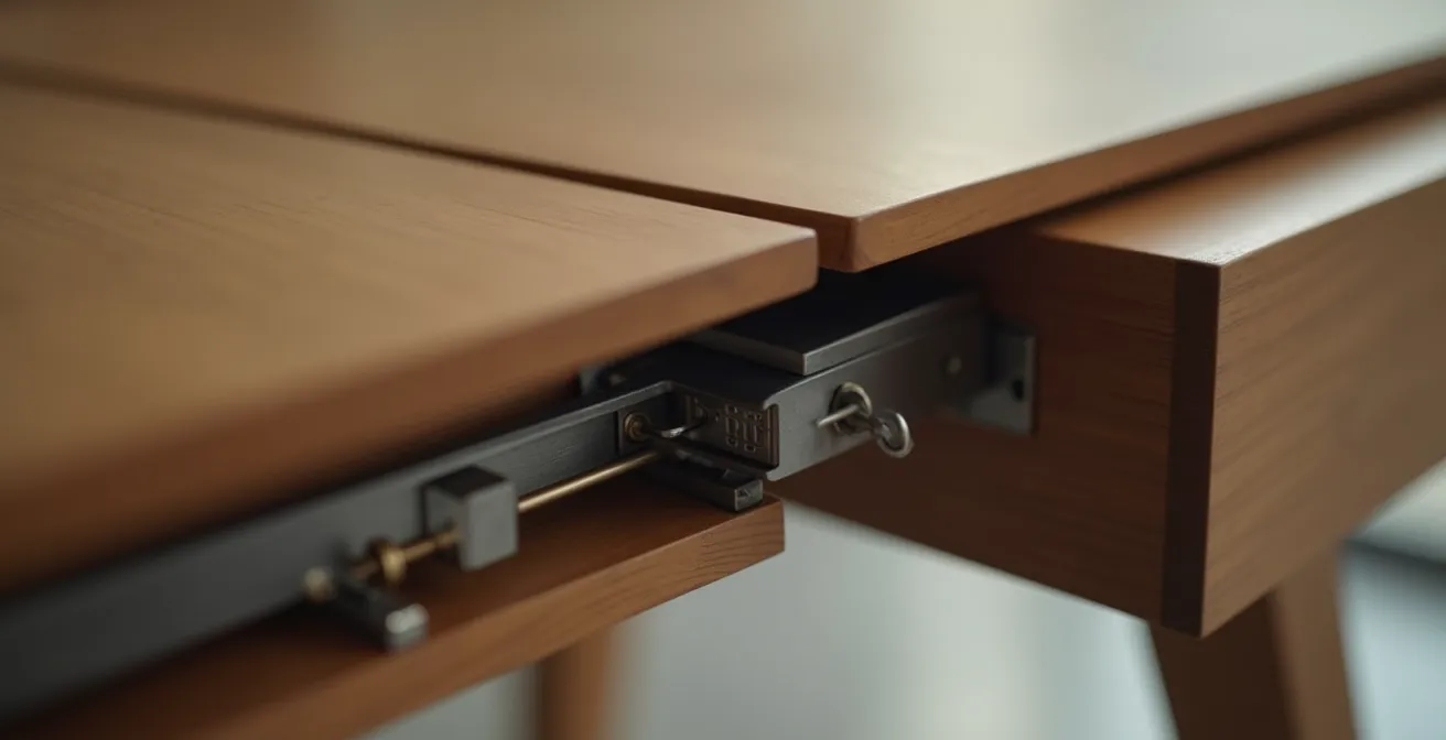 Vue détaillée d'une table extensible moderne en bois et métal, avec un mécanisme visible sous le plateau, éclairage cinématographique naturel, composition soignée avec espaces négatifs