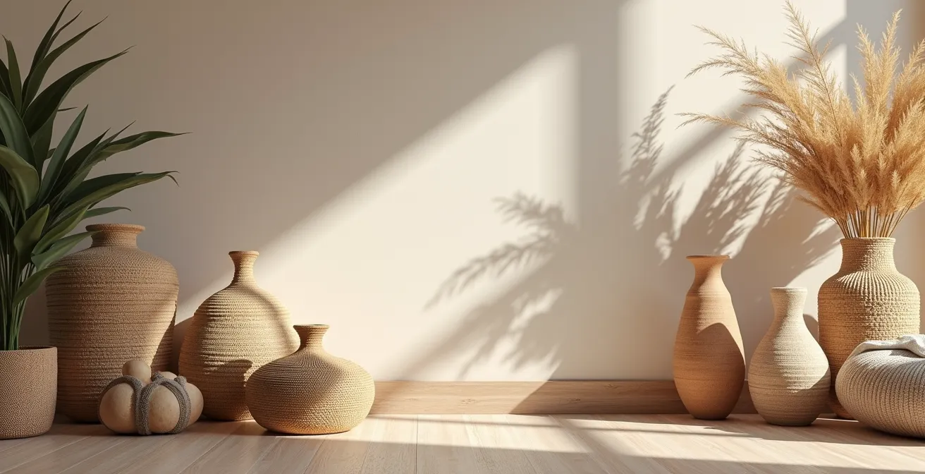 Composition équilibrée d'objets de décoration variés dans un intérieur bohème chic, jouant avec les hauteurs et textures