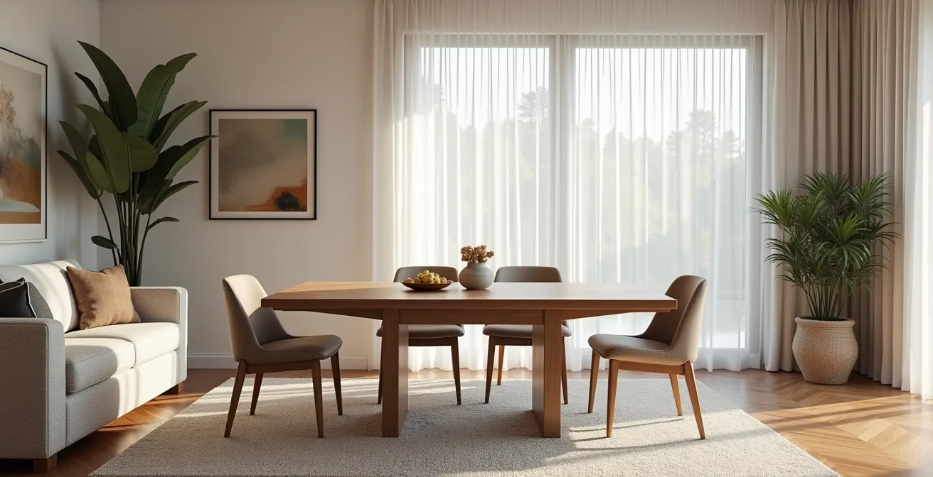 Vue d'ensemble d'une pièce moderne avec une table extensible à mécanisme papillon visible, lumière naturelle, ambiance chaleureuse